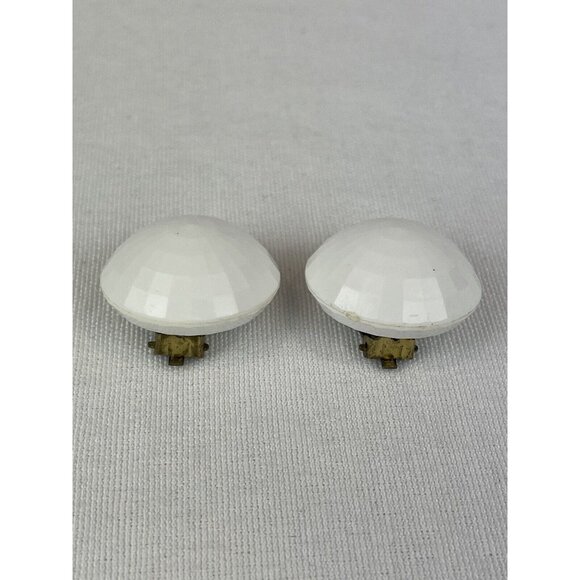 Vintage 80s West Germany White Faceted Plastic Clip On Fashion Earrings Round - Picture 3 of 8